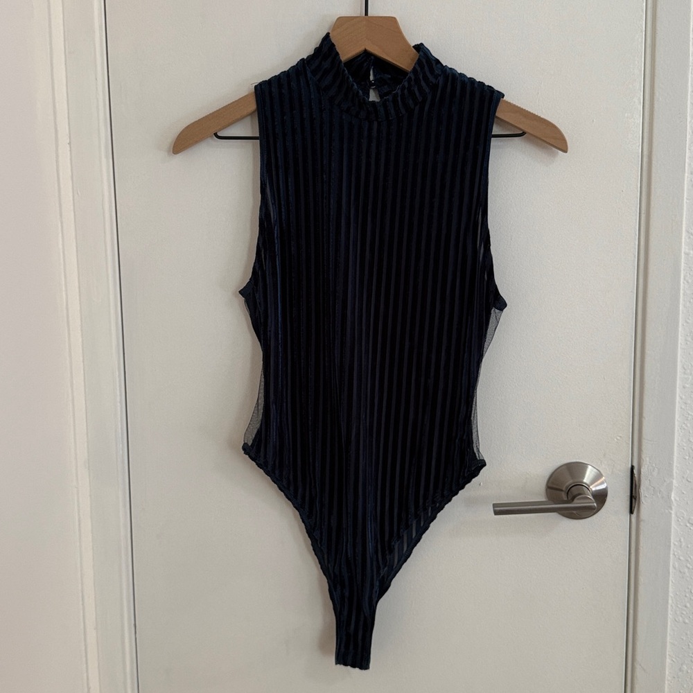 Navy striped mock neck bodysuit velvet